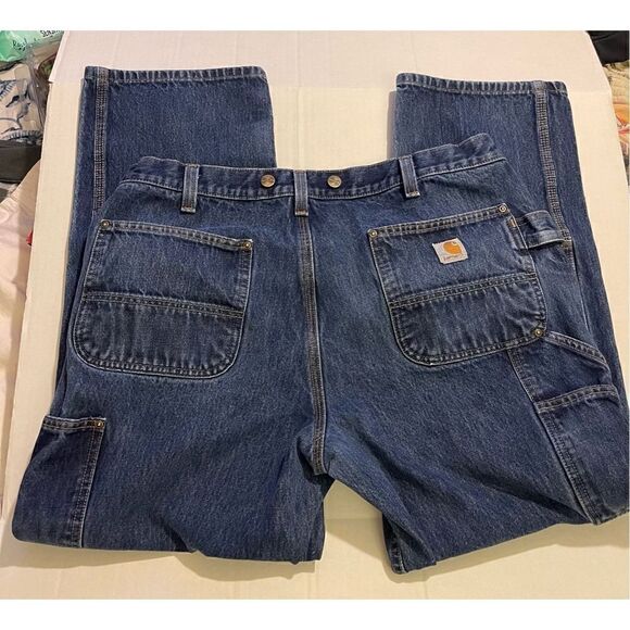 Distressed Carhartt Double knee Blue Denim Pants  Relaxed Fit Rugged Flex Utilit - Picture 16 of 16